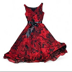Romantic Feminine  Red and Black Floral Elegant Dress